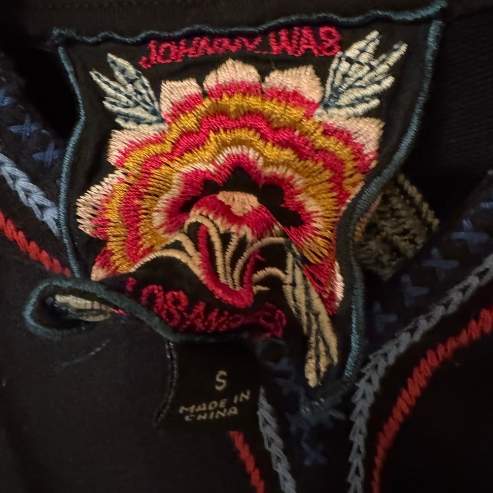 Johnny Was Black Floral Embroidered Notched Neck Pullover Hoodie Size Small - Picture 6 of 7